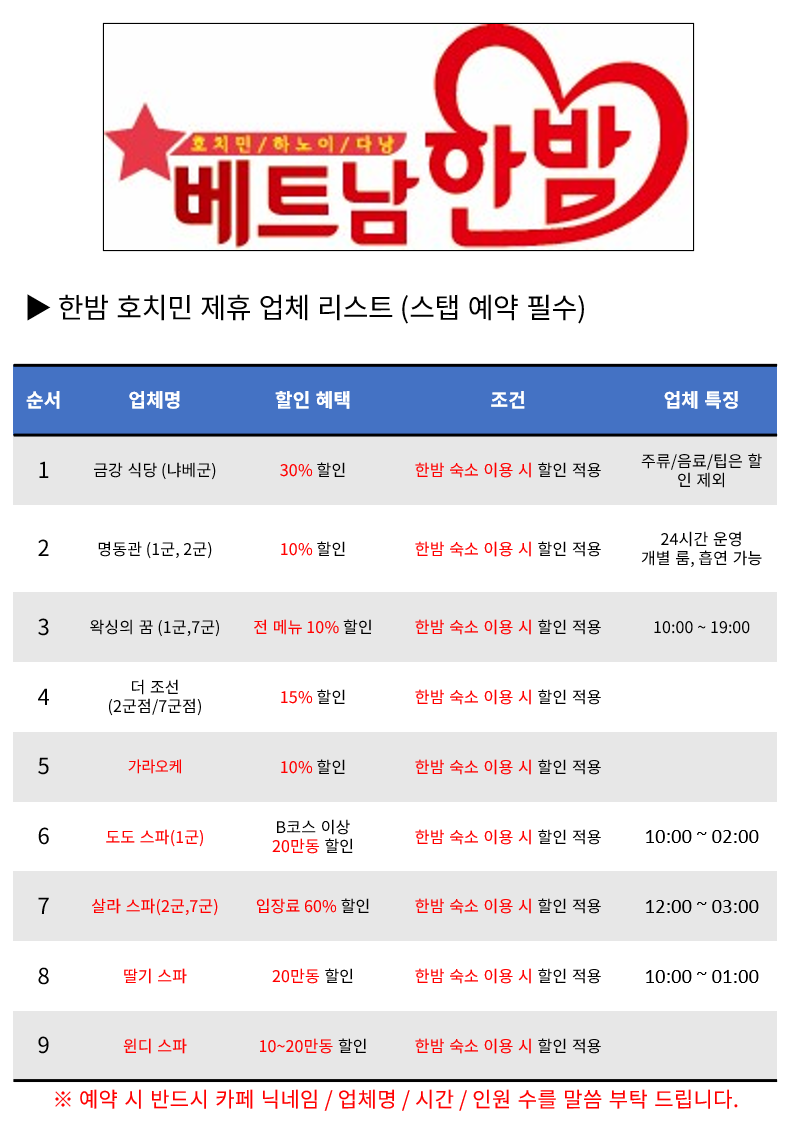 ★ 호치민 제휴 업체 리스트 ★ - 1