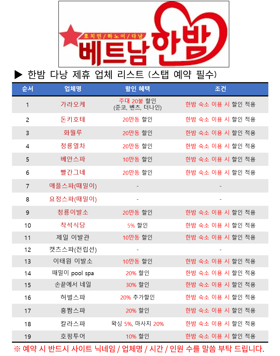 ★ 다 낭 제휴 업체 리스트 ★ - 1